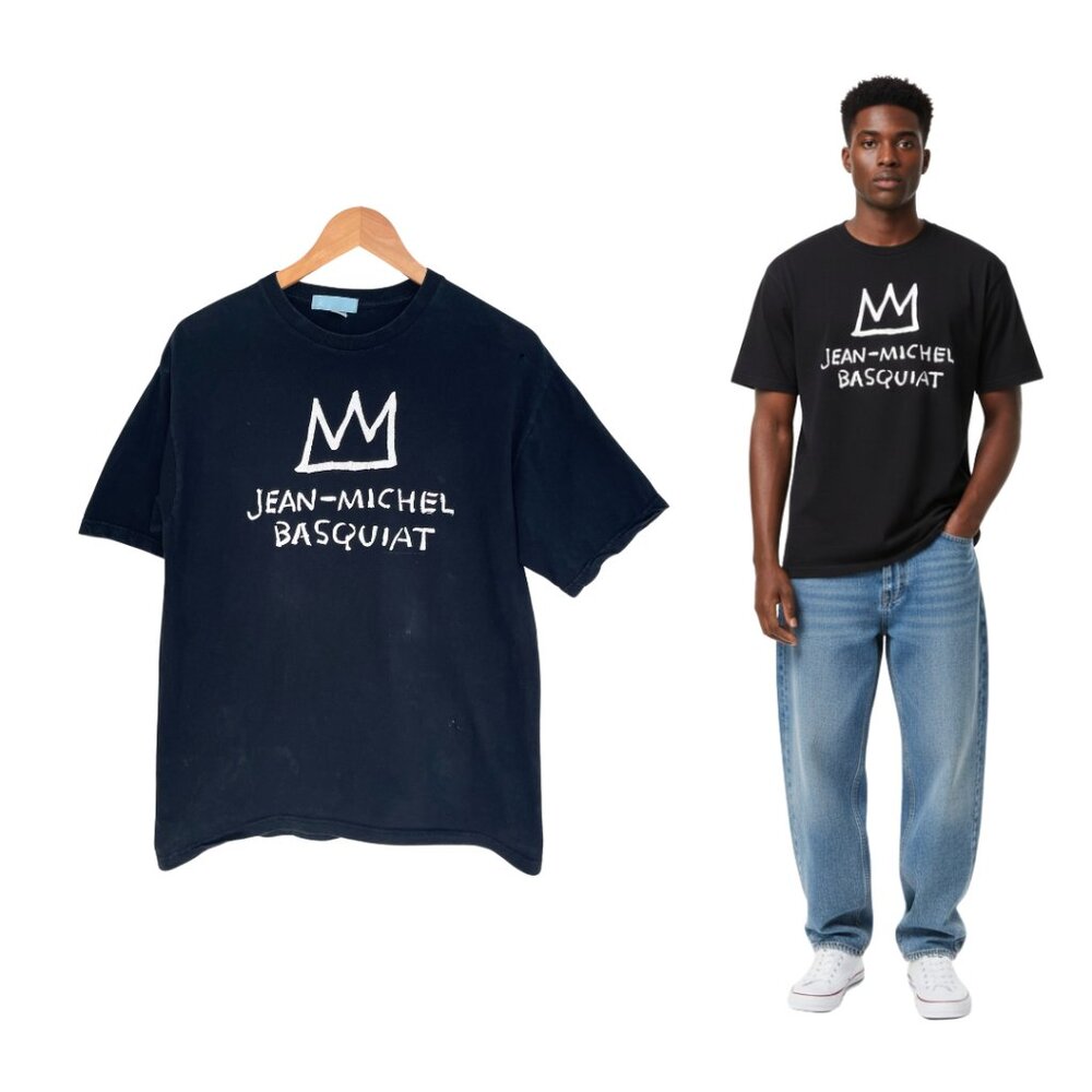 2K by Gingham T-Shirt Men Large Jean-Michel Basquiat Black White Crown Artist